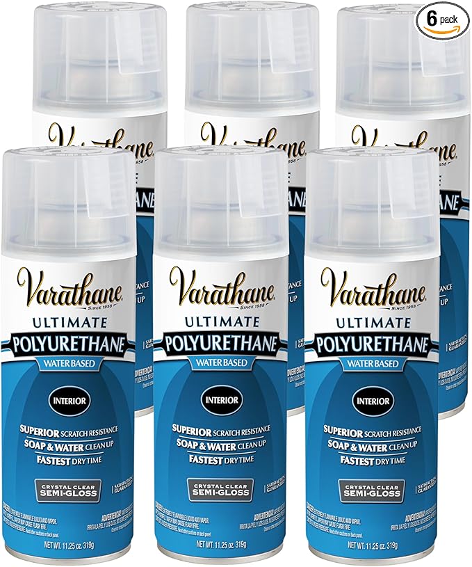 Varathane Water-Based Crystal-Clear Ultimate Polyurethane Spray | Interior Wood Protection | Fast Dry Time | Easy Clean Up | Semi-Gloss | 11.25 oz | 6 Pack