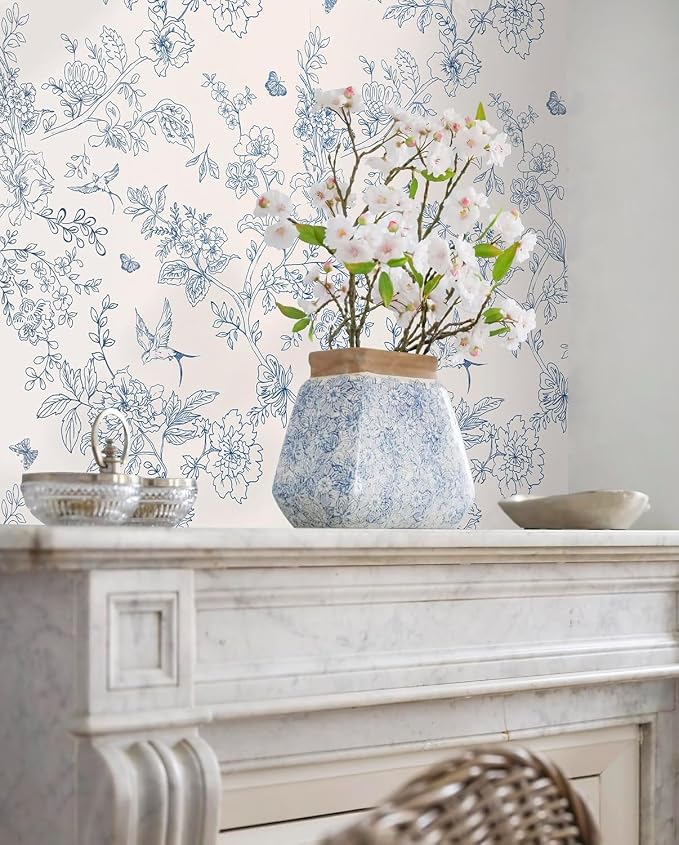Froluya Cream White and Blue Floral Wallpaper Peel and Stick Wallpaper 17.7"x590.5" Vintage Floral Peel and Stick Wall Paper Removable Boho Self Adhesive Contact Paper for Bedroom Bathroom Vinyl