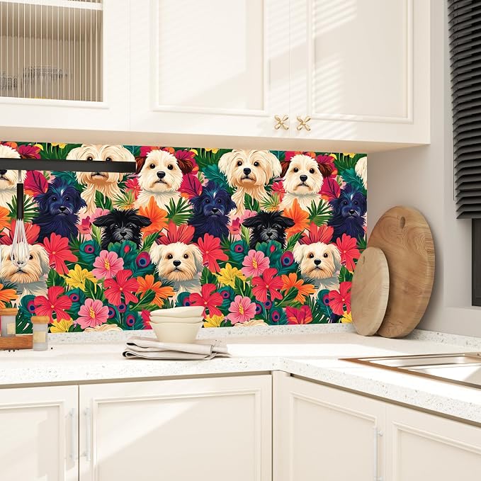 BOKEBEVE Dogs Floral Wallpaper Peel and Stick Boho Colorful 17.5 x 393.5In | Extra Long Removable Renter Friendly Vintage Floral Wall Paper for Bedroom Bathroom Cabinet Drawer Feature Accent Wall