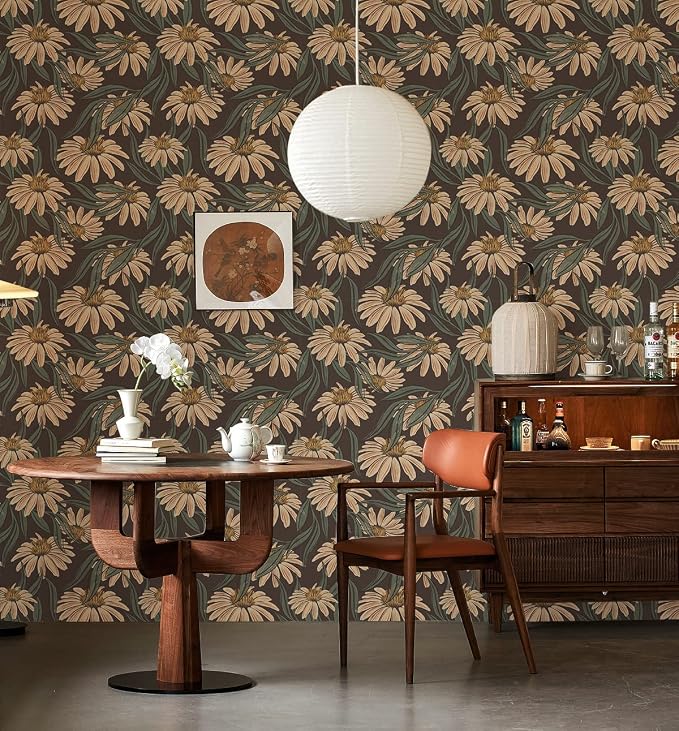 HAOKHOME Vintage Peel and Stick Wallpaper Floral Brown/PeachPuff/Green Daisy Wall Decor Home Bathroom Boho Decor 17.3in x 9.8ft
