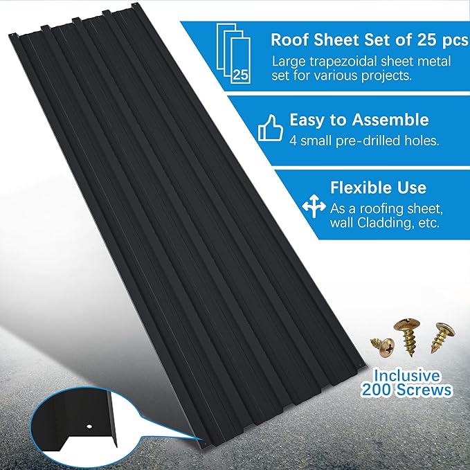 Metal Roofing Panels 25 pcs 60.63 inch x 16.77 inch Galvanized Steel, Corrugated Tin Roof Panels Roofing Sheets Heavy Duty Roof Replacement for Patio Carport Garden, Black