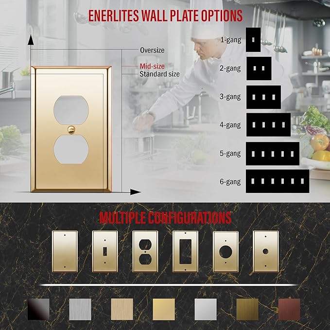 ENERLITES Duplex Receptacle Metal Wall Plate, Stainless Steel Outlet Cover, Corrosion Resistant, Mid-Size 1-Gang 4.88" x 3.11", Stainless Steel 201, 7721M-PB, Polished Brass