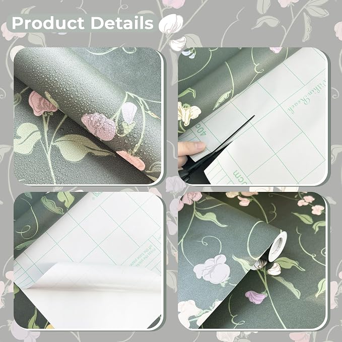 Vintage Wallpaper Peel and Stick Dark Green Floral Wallpaper Leaf Contact Paper Vinyl Waterproof Self Adhesive Boho Botanical Wall Paper for Bedroom Shlef Cabinet Decor 17.3" x 78.7"