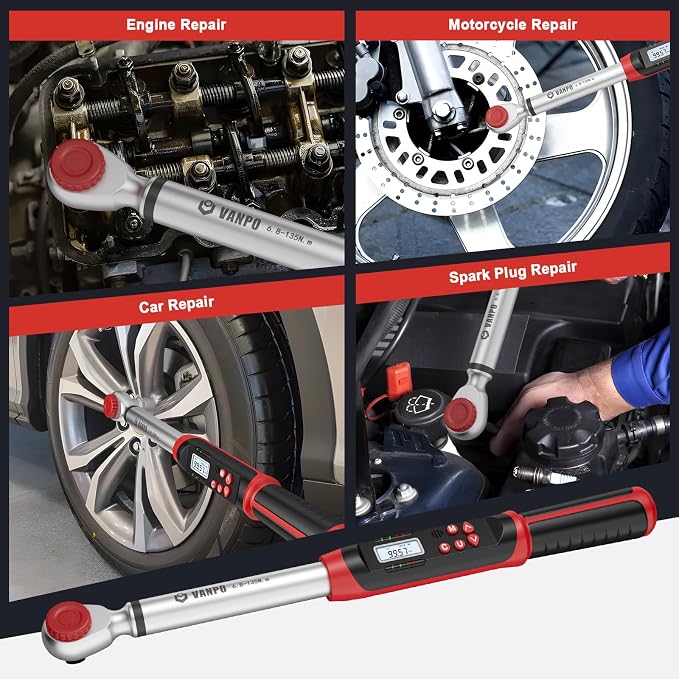 VANPO Digital Torque Wrench 1/2-Inch Drive 5-99.5 ft-lbs./6.8-135Nm, Electronic Torque Wrench with Preset Value, Buzzer and LED Notification, ±2% Accuracy for Moto, Car