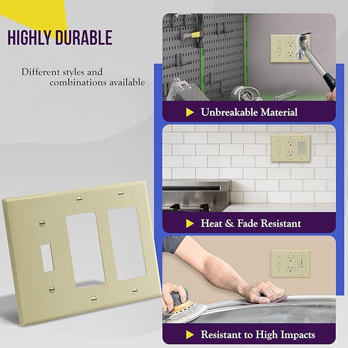 ENERLITES Combination Single Toggle/Double Decorator Rocker Outlet Wall Plate, Standard Size 3-Gang Light Switch Cover (4.5" x 6.38"), Polycarbonate Thermoplastic, UL Listed, 881132-I, Ivory