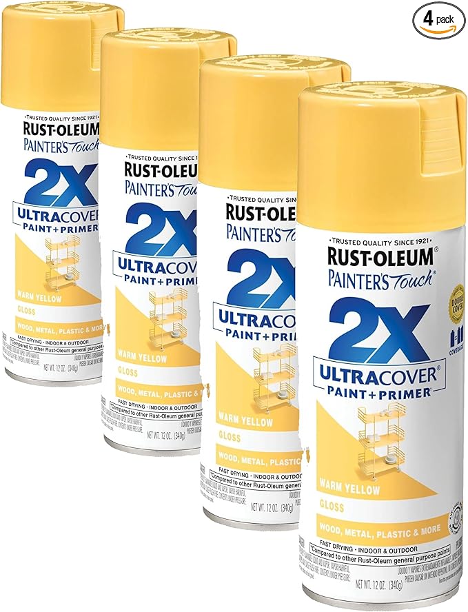 Rust-Oleum 249091 Painter's Touch 2X Ultra Cover Spray Paint, 12 oz, Gloss Warm Yellow (Pack of 4)