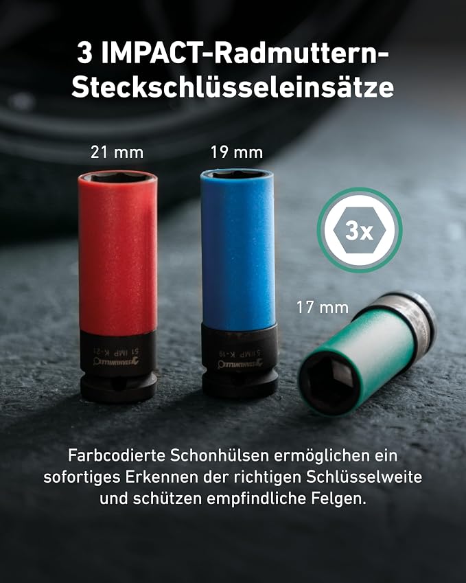 STAHLWILLE 750NR Torque Wrench 1/2 Inch Car Tyre Change Set 5 Pieces | 40-200 Nm, 3 colour-coded inserts 17/19/21 mm with rim protection, extension, case, click signal for precise wheel changes