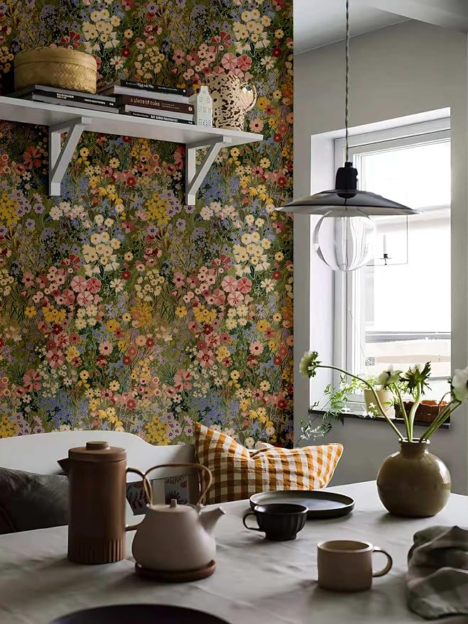 Floral Wallpaper Peel and Stick Boho Wall Paper Removable Waterproof Green Petal Pattern Contact Paper for Bedroom, Bathroom, Home Wall 17.3" x 393.7" | Vinyl Textured Stick on Wall paper DIY Self-adhesive Removable Waterproof Boho Green/Yellow/Pink fo...