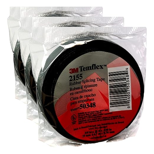 3M Temflex Rubber Splicing Tape 2155, 3/4 in x 22 ft, Black, General Purpose Self-Fusing Electrical Insulating Tape, 1 Roll (Pack of 3)