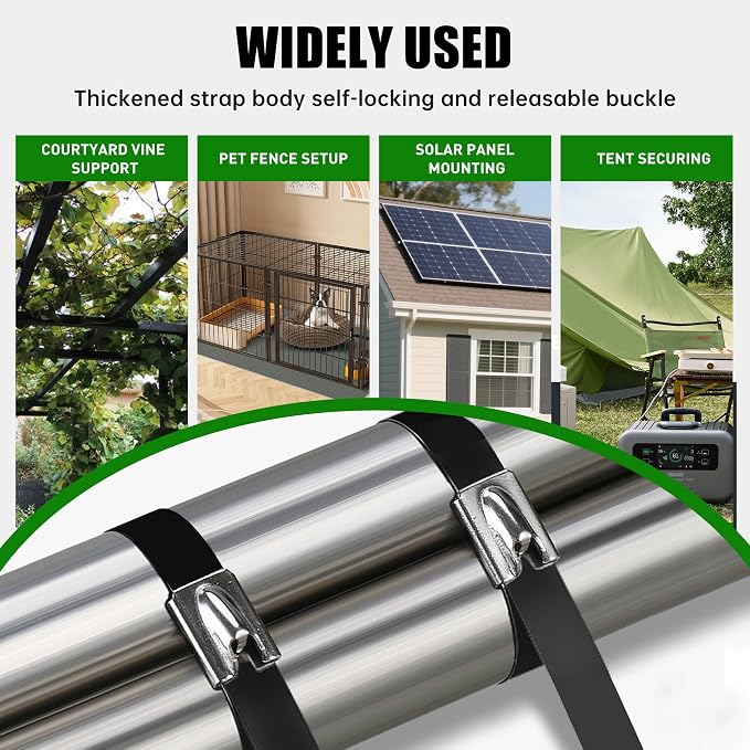 Metal Zip Ties 100 Pack 18 Inch, 304 Stainless Steel 300LBS Heavy Duty Zip Ties Black - Self-Locking Cable Ties for Exhaust Wrap，Chain Link Fence Parts, Outdoor Farms,Pipes