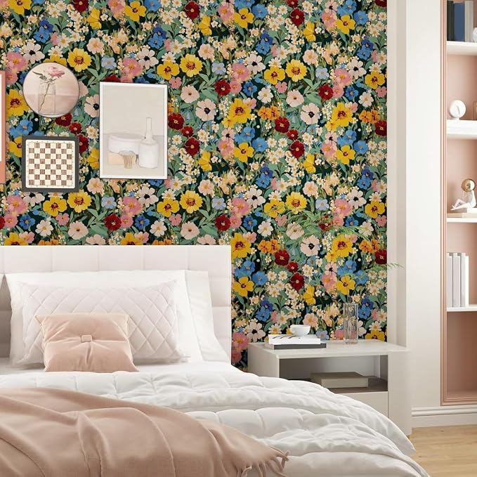 BOKEBEVE Floral Wallpaper Peel and Stick Boho Green Yellow 17.5 x 118In | Removable Self Adhesive Renter Friendly Vintage Watercolor Wall Paper for Bedroom Bathroom Living Room Accent Wall
