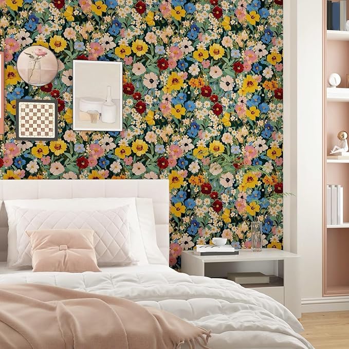 BOKEBEVE Floral Wallpaper Peel and Stick Boho Green Yellow 17.5 x 393.5In | Extra Long Removable Renter Friendly Vintage Watercolor Wall Paper for Bedroom Bathroom Living Room Feature Accent Wall