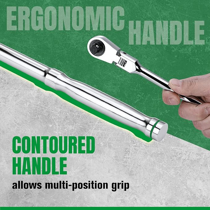 SK 1/2" Drive Flex Head Ratchet, Swivel Ratchet Handle, 90-Tooth Pear Head | Premium CR-V Steel, Reversible Design, with Contoured Handle