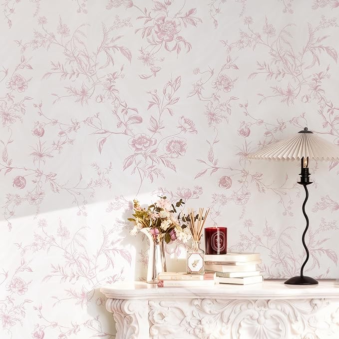 Ismoon Floral Peel and Stick Wallpaper Vintage Pink Wall Paper French Textured Contact Paper Removable Self Adhesive Wallpaper for Bedroom Vinyl Roll Renter Friendly 17.3in×9.84 ft