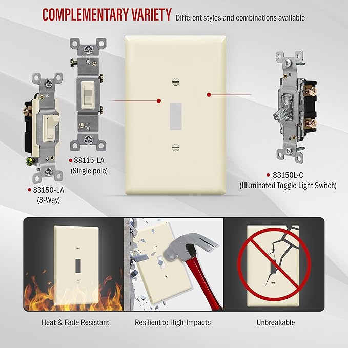 ENERLITES Toggle Light Switch Wall Plate, Jumbo Switch Cover, Gloss Finish, Oversized 1-Gang 5.5" x 3.5", Unbreakable Polycarbonate Thermoplastic, 8811O-LA-10PCS, Light Almond, 10 pack