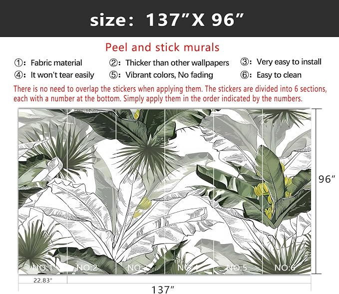 YIHWM-Peel and Stick Tropical Leaf Wallpaper Botanical Banana Leaf Mural | Tear-resistant,with a substantial feel;Will not be damaged during repositioning.Bathroom,Bedroom wallpaper.L-137"x96"