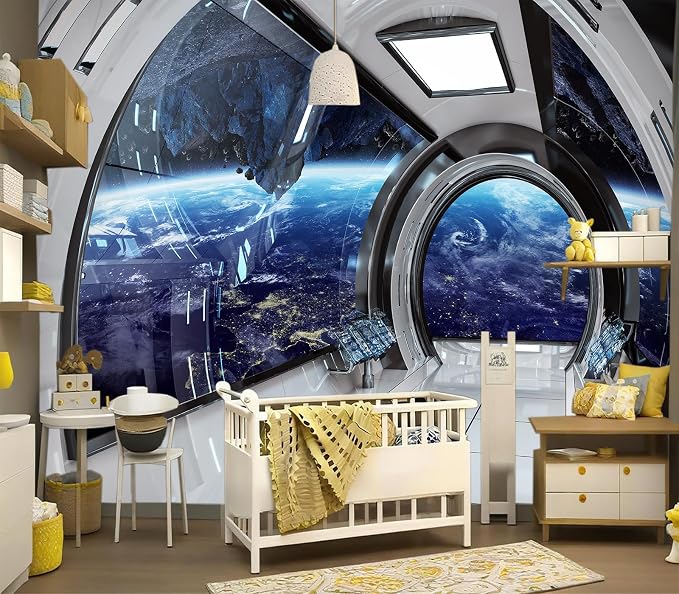 YIHWM-Peel and Stick 3D Capsule Space Wallpaper Outerspace Spaceship Mural | Tear-resistant,with a substantial feel;Will not be damaged during repositioning.Boy's Room,kids room wallpaper.S-80"x58"