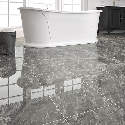 20-Pack 19.34 Sq.Ft Peel and Stick Floor Tiles Vinyl Glossy Pattern Flooring, 11.8” x 11.8” Self Adhesive Vinyl Flooring DIY for Kitchen, Bathroom, Laundry, Polish Dark Grey Marble