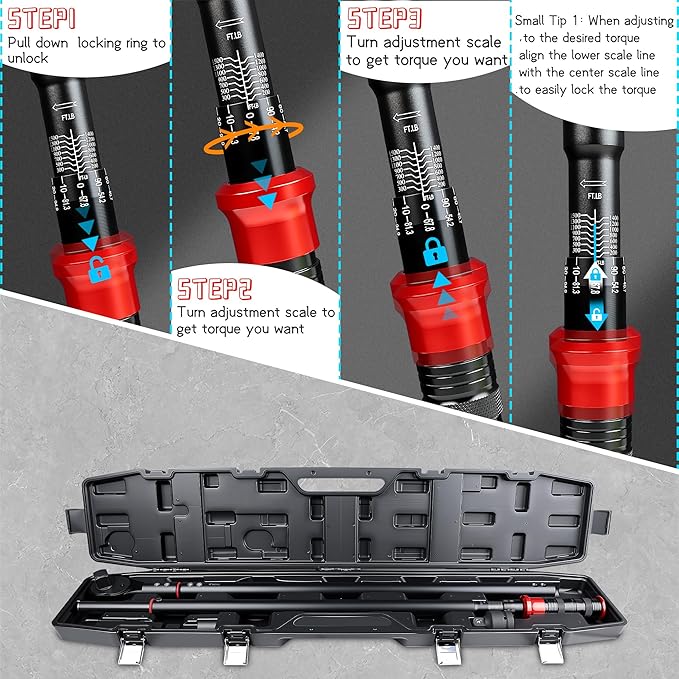 1-Inch Drive Torque Wrench 200-1500ft.lb/271.0-2032.5Nm | ±3% Precision Dual Direction Torque Wrenches with 24-Tooth Dual Range Scales with Ft.Lbs and N.m