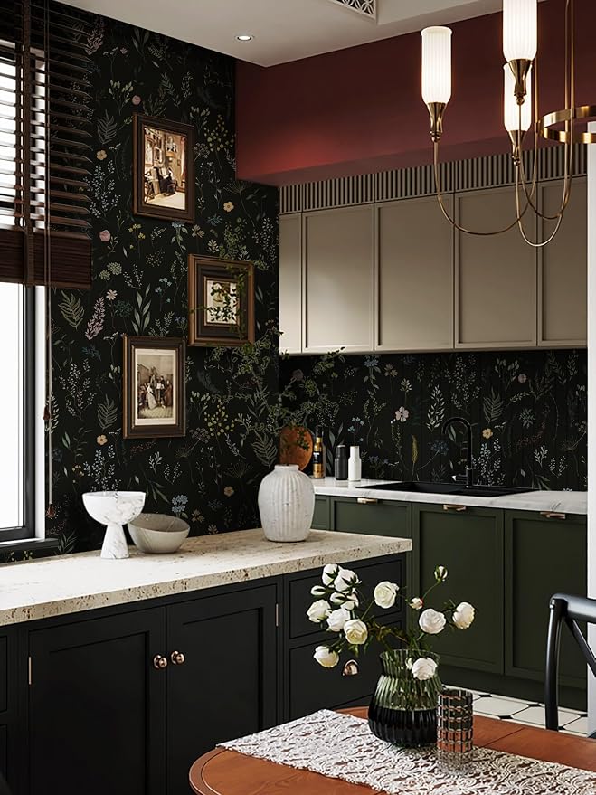Dimoon 78.7"x16.1" Floral Peel and Stick Wallpaper Black Contact Paper Thicken Wallpaper Delicate Flower Waterproof Green Leaf White Self Adhesive Removable Wall Paper Shelf Liner Decal Vinyl Roll
