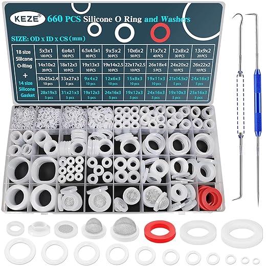 KEZE 660 PCS 18 Size Clear Silicone O Rings Assortment Kit and 14 Size Silicone Washer Set,Silicone O Ring for Seal Plumbing Faucet Hose