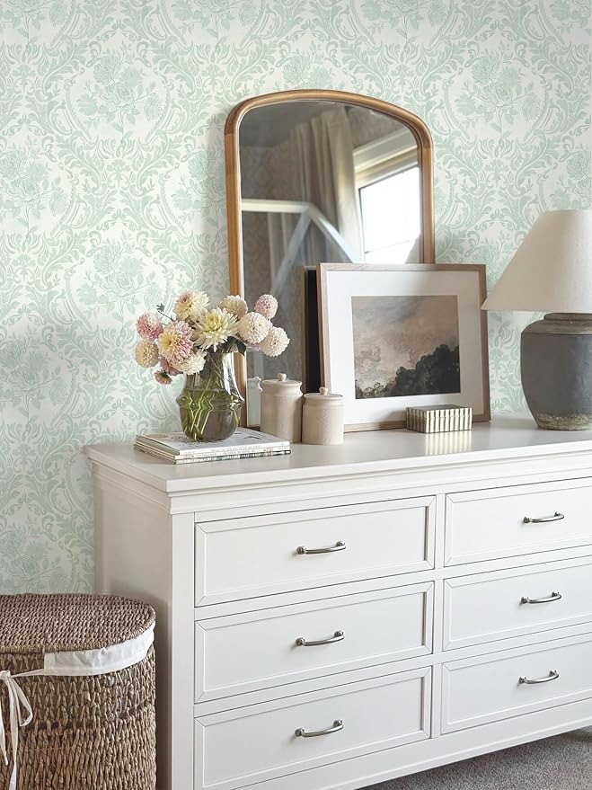 Ismoon Peel and Stick Wallpaper Vintage Floral Contact Paper Boho Watercolor Sage Green Damask Wallpaper Textured Removable Self Adhesive Vinyl Wall Paper for Bedroom, 17.3 in X 32.7 ft