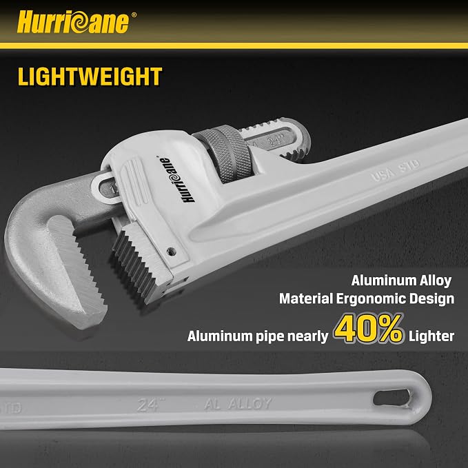 HURRICANE Aluminum Pipe Wrench, 24 Inch | Heavy Duty, Adjustable Plumbing Wrench, Straight Handle, 40% Lighter Weight