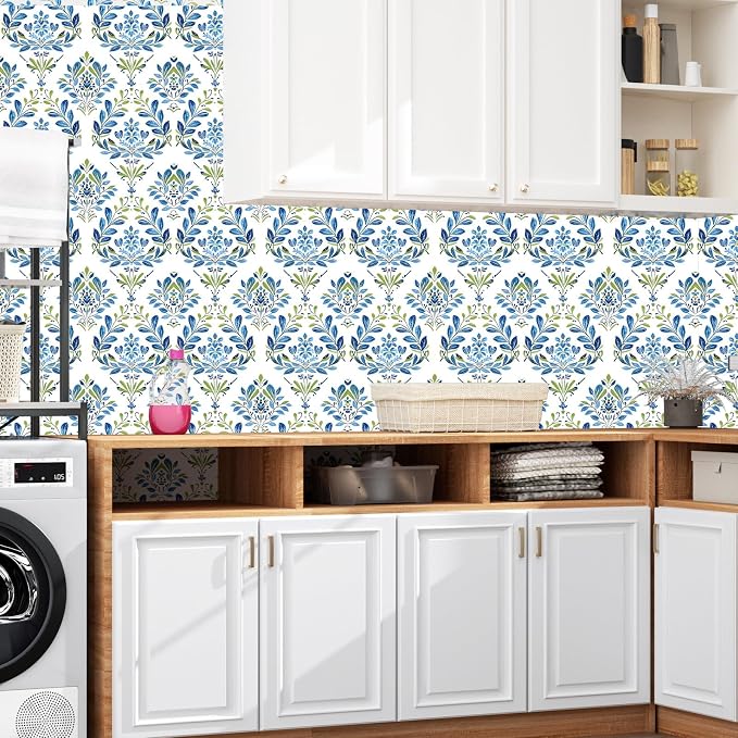 BOKEBEVE Boho Floral Peel and Stick Wallpaper Blue White 17.5 x 118In | Leaf Contact Paper Modern Symmetry Wall Paper for Bedroom Accent Walls Laundry Nursery Pantry Renter Friendly Removable