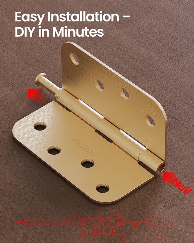 4" X 4" Satin Brass Door Hinges – 12 Pack Satin Gold Brushed Brass Door Hinges with 5/8" Radius, Rounded Interior & Heavy Duty Front Door Hinge for Home, Gate, Furniture, Residential Use