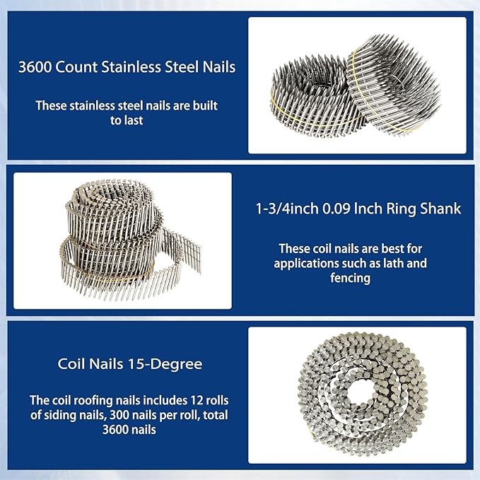 waltyotur 3600 Count Stainless Steel Coil Roofing Ring Shank Siding Nails 15-Degree Collated Wire Coil 1-3/4 Inch, 0.09 Inch Ring Shank, Small Cap Coil Stud Siding Nails