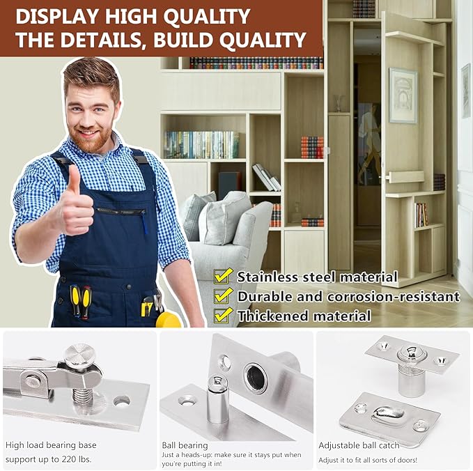 Heavy Duty Pivot Hinge Set with Door Ball Catch for Wood Door, HBL' Hidden Door Hinge for Secret Door, Swing Door, with 360 Degree Rotation, Invisible Pivot Door Hardware for Bookshelf.