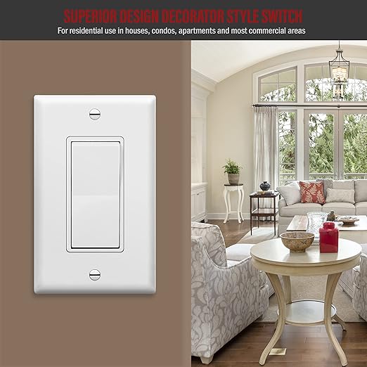 ENERLITES Decorator Paddle Rocker Light Switch, Gloss Finish, Single Pole, 3 Wire, Grounding Screw, Residential Grade, 15A 120V/277V, UL Listed, 91150-W, White