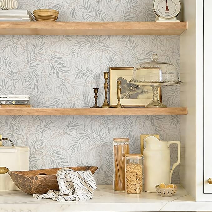 Ismoon Boho Wallpaper Peel and Stick Dusty Green Botanical Wallpaper 17.3in x32.8ft Neutral Leaf Removable Waterproof Green Contact Paper for Bedroom Kitchen Renter Friendly Wall Decor Vinyl
