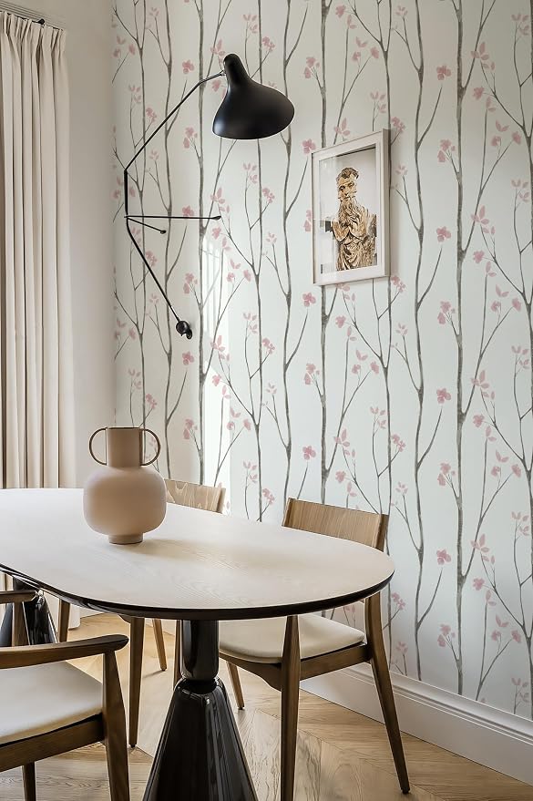 Timeet 197"x16" Floral Wallpaper Peel and Stick Wallpaper White and Pink Wallpaper Boho Self Adhesive Removable Wallpaper for Living Room Bedroom Bathroom Decor