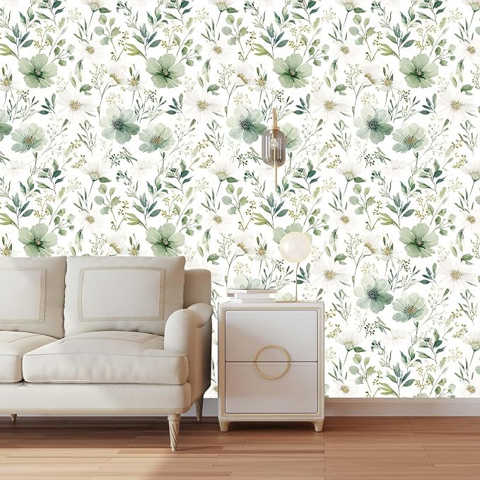 Sage Green Floral Peel and Stick Wallpaper 17.7" x 393.7" | Thick removable watercolor natural flower design for renters and bedroom accent walls
