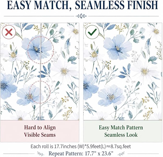 Light Blue Floral Peel and Stick Wallpaper, 17.7in x 70.8in | Self-adhesive and removable watercolor flower design for bedroom, living room, and accent wall
