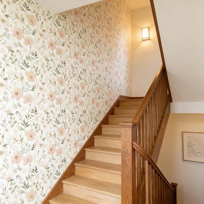 Floral Peel and Stick Wallpaper 17.7in x 70.8in | Watercolor flower removable self adhesive design for cottagecore bedroom accent walls