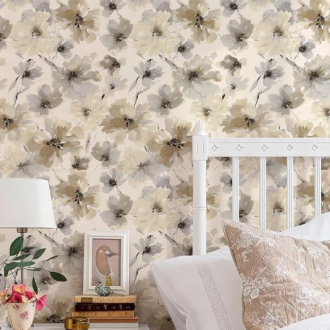 Floral Peel and Stick Wallpaper, Beige Yellow Watercolor Flower Contact Paper Peel and Stick for Bedroom Bathroom, Vintage Removable Waterproof Self Adhesive Wall Paper 118 x 17.3in, 14.4 sq.ft