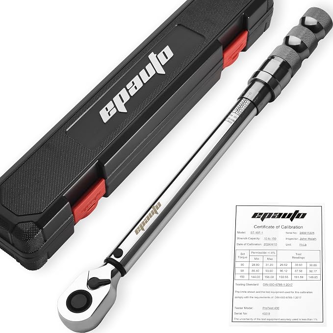 EPAuto 1/2-Inch Spring-Loaded Ring Locking Torque Wrench, 10~150 ft-lb | 1/2-Inch Spring-Loaded High-Contrast Scale, and Click Alert, with Dual Direction Adjustment, 10~150 ft-lb, Cr-V
