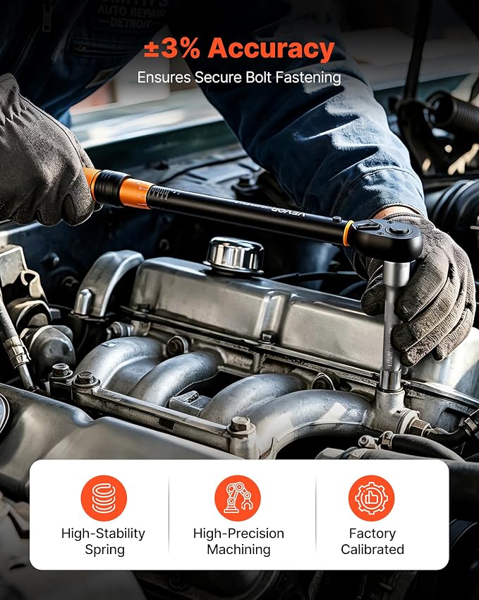 VEVOR Torque Wrench Set 1/4" 3/8" 1/2" Drive Click Torque Wrench 47-Piece, Dual Scale Readings, ±3% High Precision, with Spark Plug Sockets, Bits, Extension Bars, Storage Case, for Automotive Repair