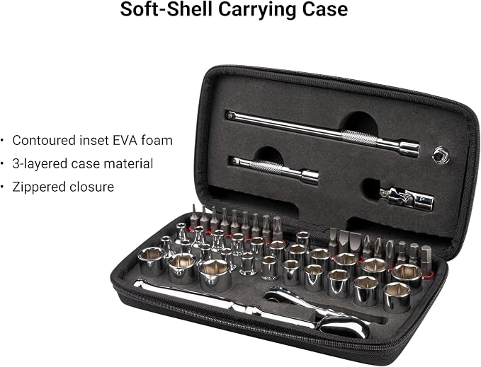 TEKTON 1/4 Inch Drive 12-Point Small Engine Shallow Socket, Bit, and Quick Release Ratchet Set with Case (50-Piece) | SKT07906 | (5/32 - 9/16 in., 4 - 15 mm, Phillips #1 - 3, Slotted 3/16 - 5/16 in., T7 - T30), Shallow, Zipper Case, Custom Foam