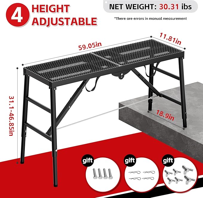 Scaffolding Platform 11.81"x59.05" Adjustable Work Platform Support 660 lbs Portable Scaffold 5 Gear Adjust Height 31 to 46 inches Folding Ladder Step Stool Non Slip (59.05"x11.81")