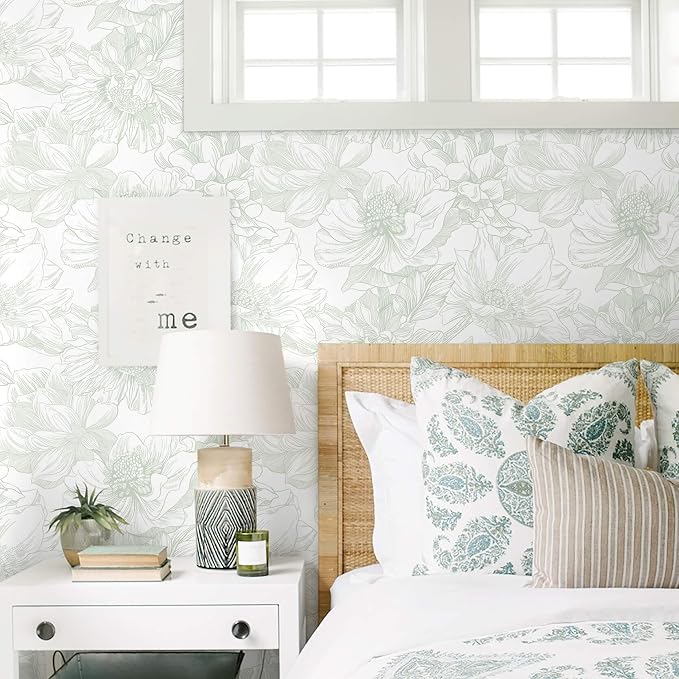 Ismoon Large Floral Peel and Stick Wallpaper Boho Green and White Contact Paper 17.3inx6.5ft Modern Wall Paper Removable Self Adhesive Vinyl Wallpaper for Bedroom Cabinet Bathroom Mural Wall Decor