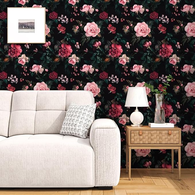Fvlow Pink Rose Floral Peel and Stick Wallpaper 17.4" x 394" | Renter Friendly, Removable & Waterproof, Vinyl Easy Install for Bedrooms, Bathrooms, Kitchens, Cabinets and Home Decor