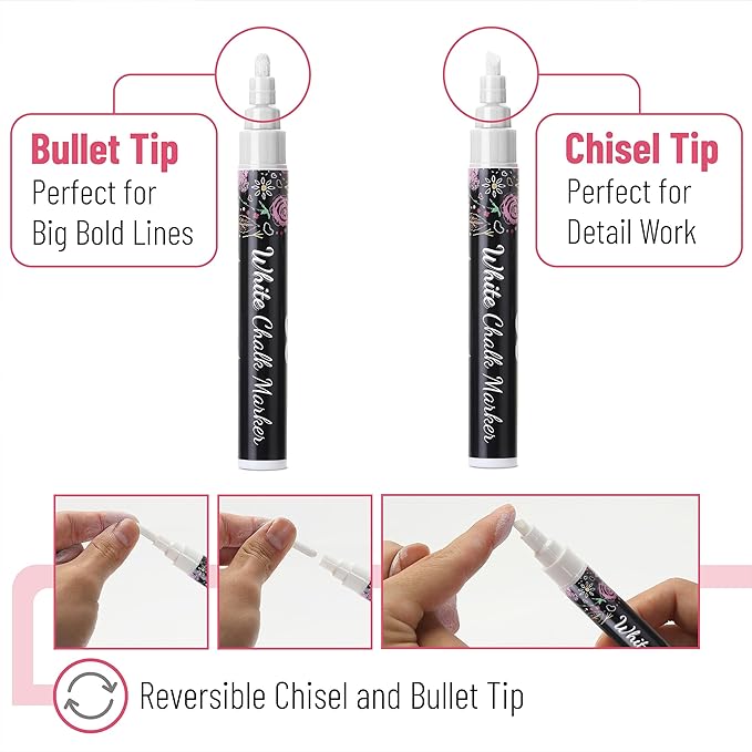 Mr. Pen- Liquid Chalk Marker Pen, 4 Pack, Assorted Size Tip, White Non-Toxic Odorless Chalk Markers, Reversible Chisel & Bullet Tip, Ideal for Non-Porous Chalkboards, Chalkboard Vinyl, Glass & Metal