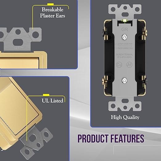 ENERLITES 4-Way Decorator Light Switch, Four Way Paddle Rocker Switch, Gloss Finish, Ground Wire Lead Attached, Residential/Commercial Grade, 15A 120V/277V, UL Listed, 94150-GD, Gold