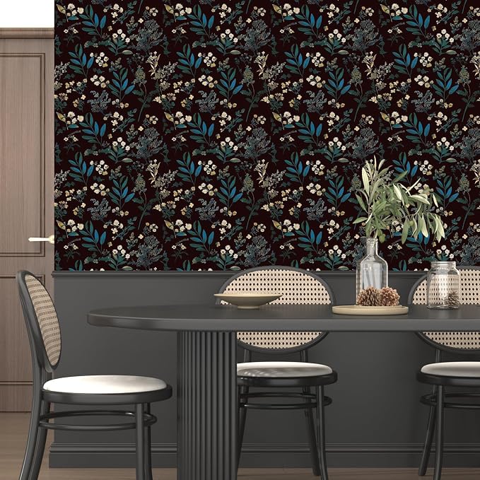 Laatse Vintage Wallpaper Peel and Stick Dark Green Floral Wallpaper 17.5'' x 118'' Green Leaf Contact Paper Vinyl Waterproof Self Adhesive Boho Botanical Wall Paper for Bedroom Cabinet Décor