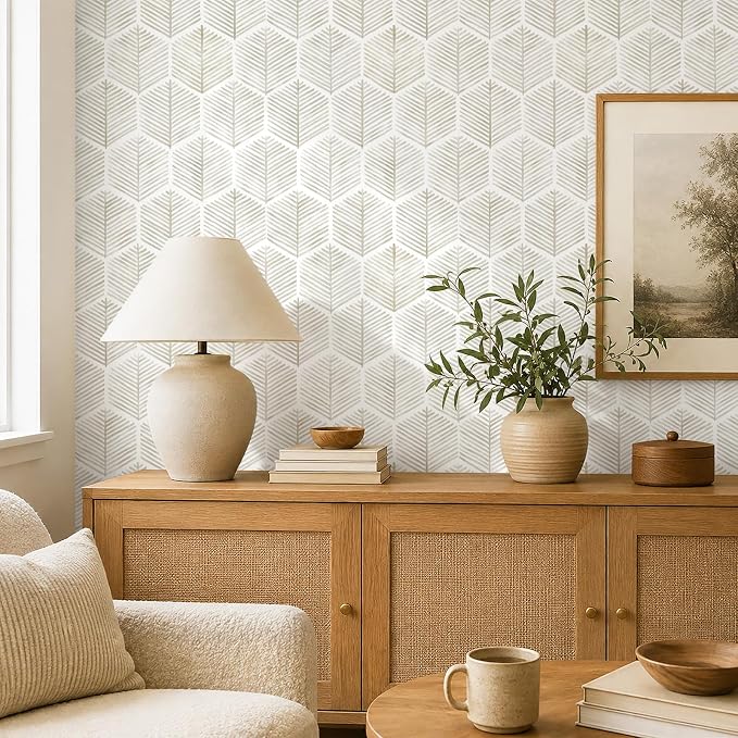 MelunMer Geometric Peel and Stick Wallpaper Boho Beige White 17.3''×118'' | Beige Modern Self Adhesive Removable Wallpaper for Bathroom Waterproof Cabinets Drawer, Decor Easy to Install Renter Friendly