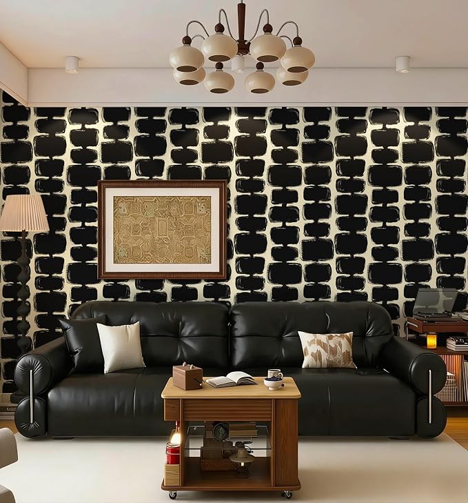 Safiyya 17.3"x393" Peel and Stick Wallpaper Black and Cream White Contact Paper Mid Century Modern Abstract Geometric Wall Paper Self Adhesive Removable Wallpaper for Bathroom and Bedroom Vinyl