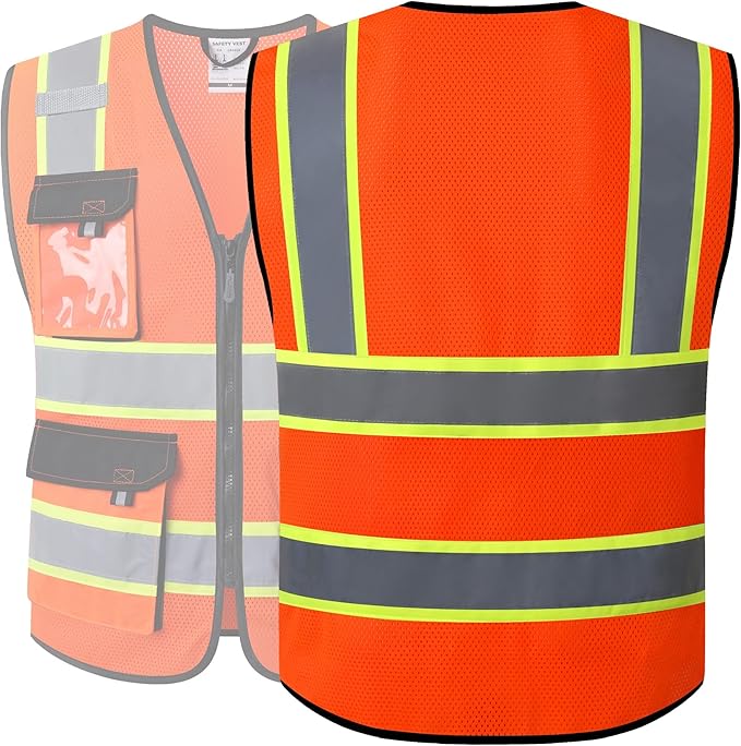 JKSafety Hi Vis Reflective Safety Vests for Men Women High Visibility Vest with Pockets Mesh Fabric Construction Safety Apparel Neon Vest for Work (220-Orange 3XL)